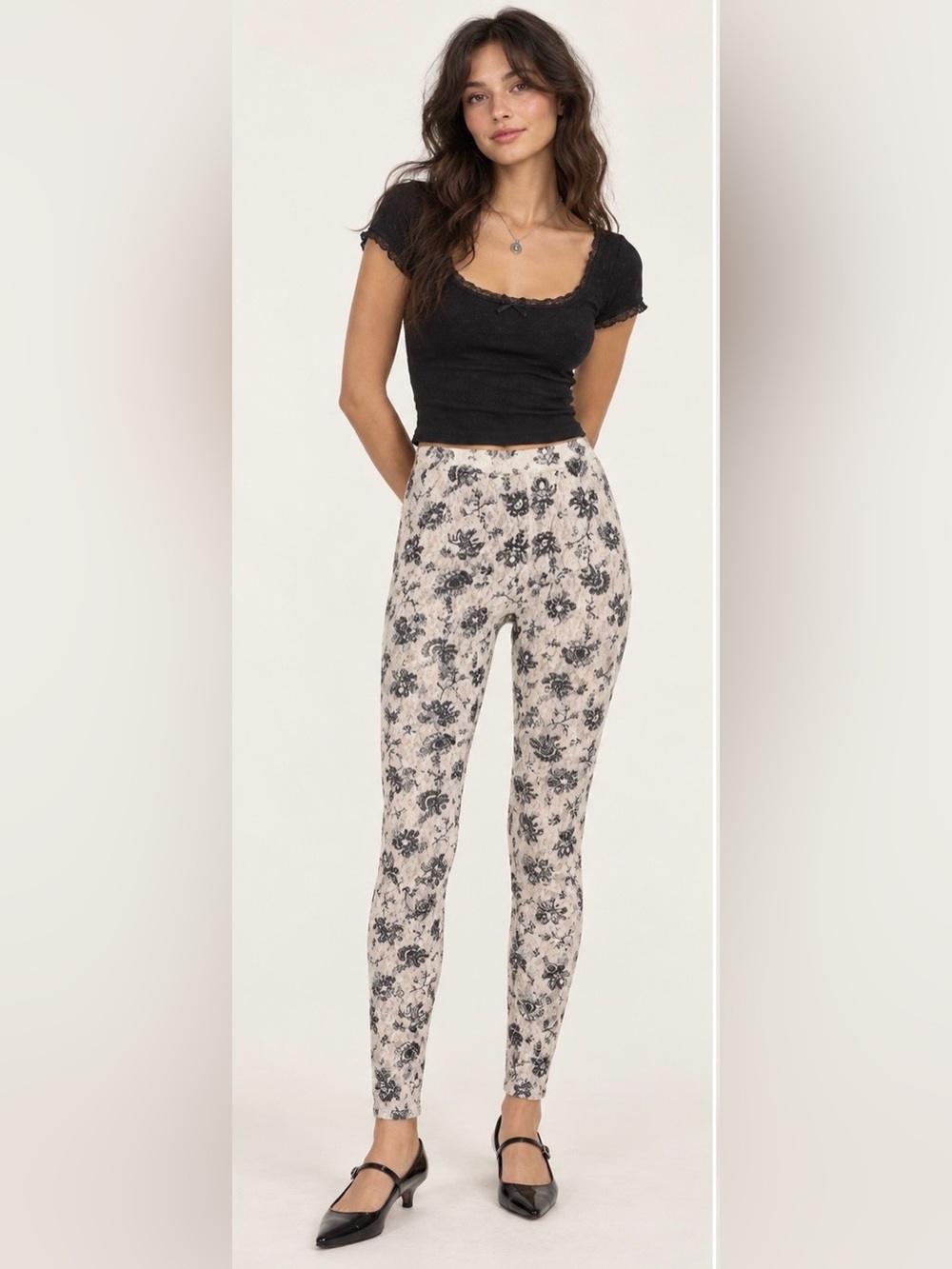 Free People Cream & Navy Floral Indie Boho Whimsy Slim Lace Jeggings